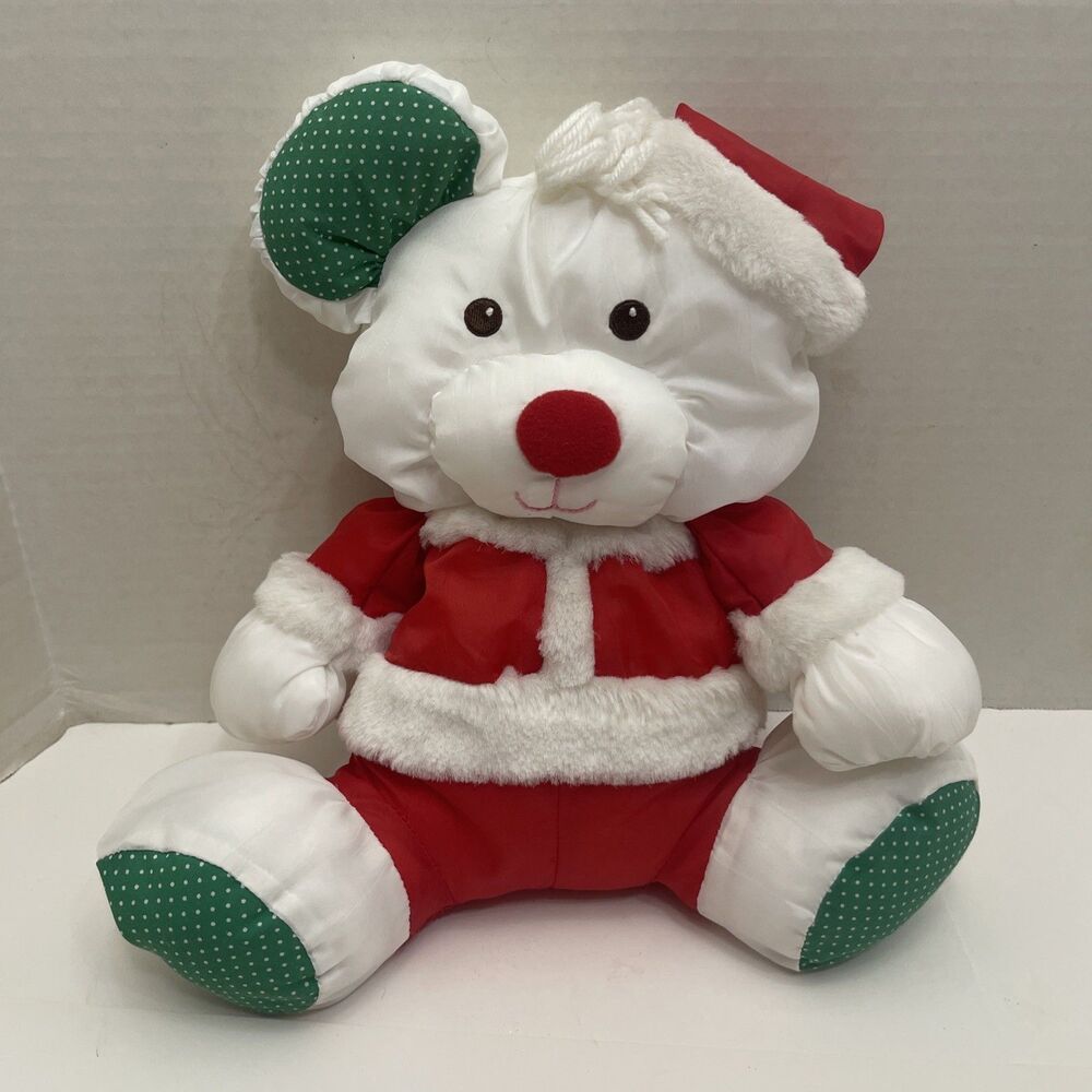 Fisher Price Puffalumps Christmas Santa Mouse White Plush Red Hat #8127 Vintage